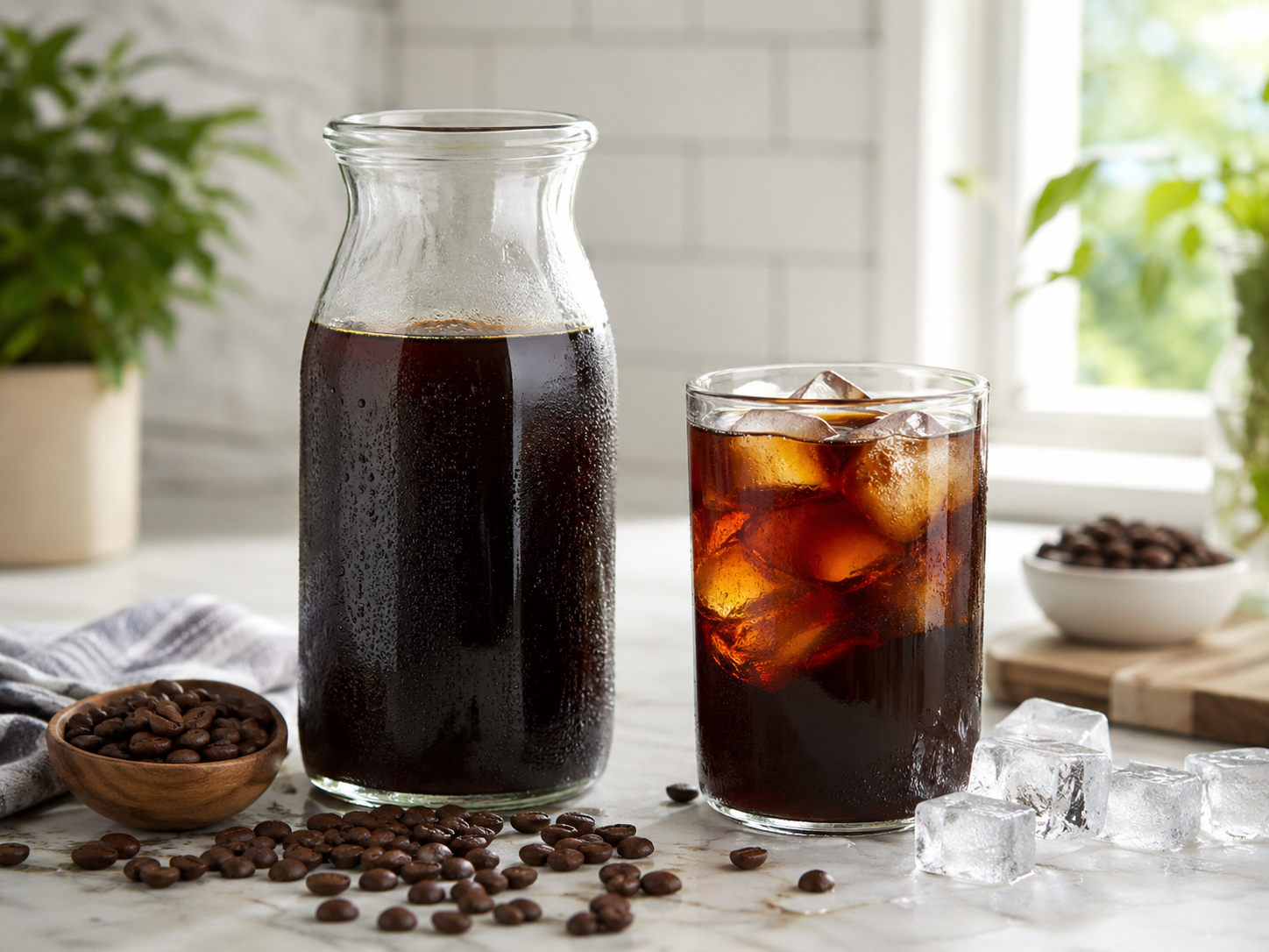 Cold brew w domu kawa parzona na zimno w słoiku z lodem i ziarnami kawy