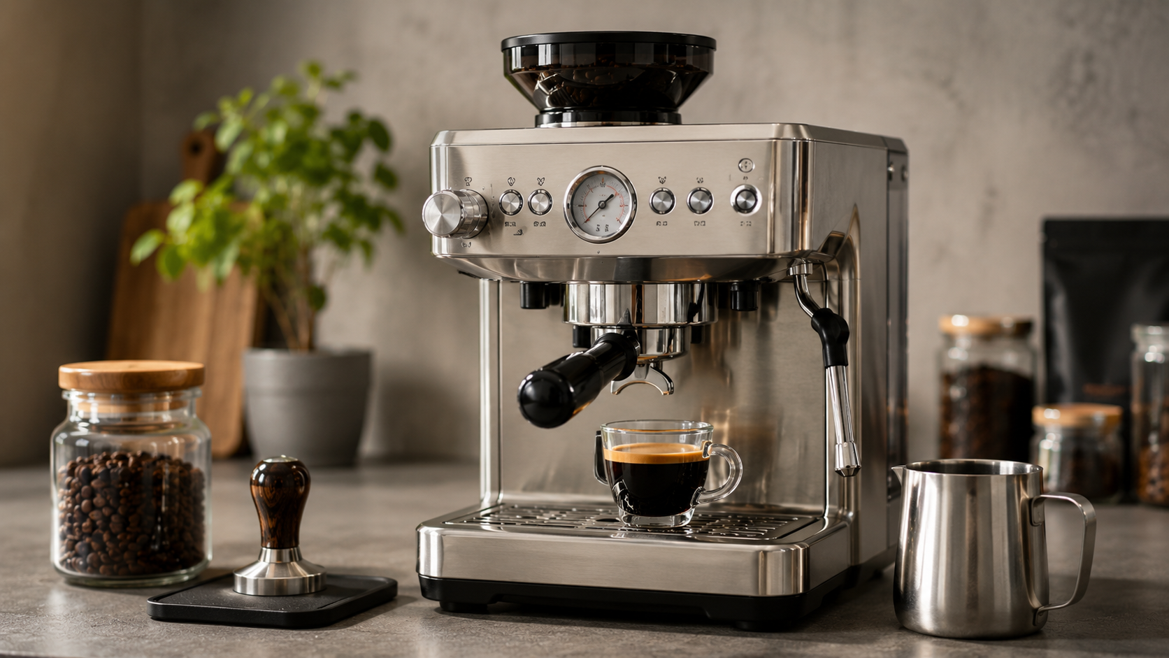 Ekspres kolbowy do kawy w nowoczesnej kuchni z filiżanką espresso i spieniaczem mleka