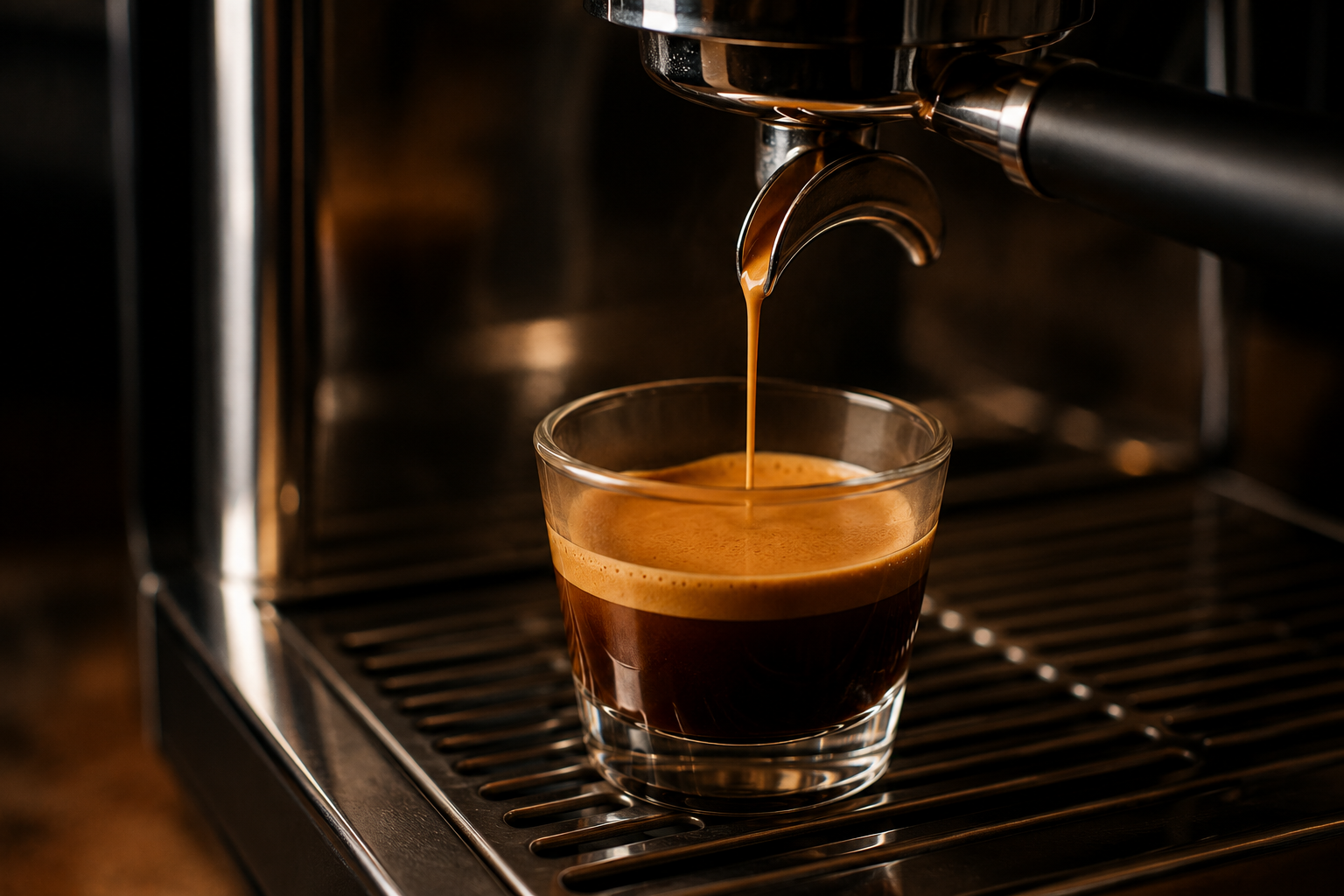 Klasyczne espresso z cremą w filiżance podczas ekstrakcji kawy