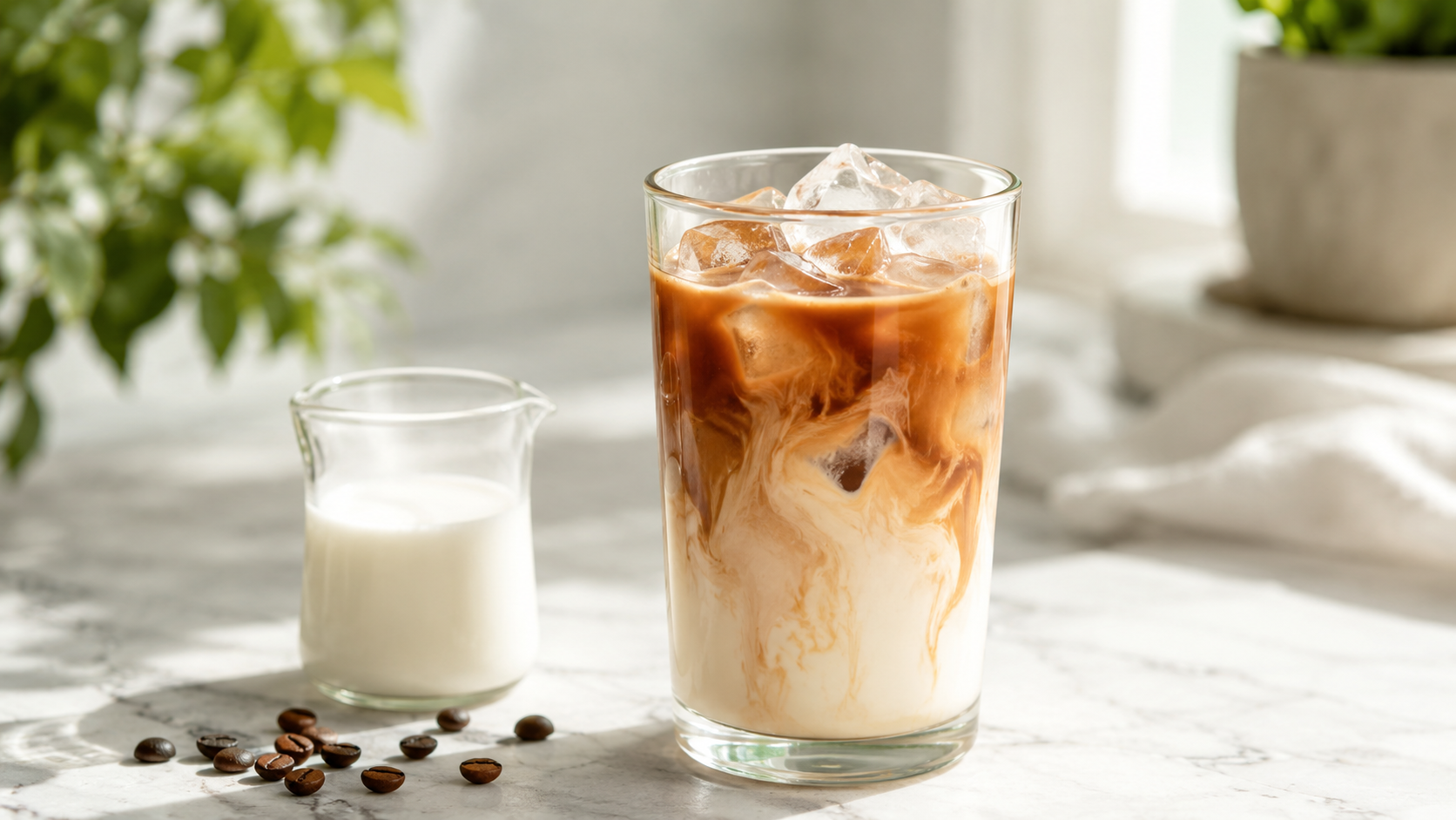 Iced latte w domu espresso na lodzie z mlekiem w wysokiej szklance