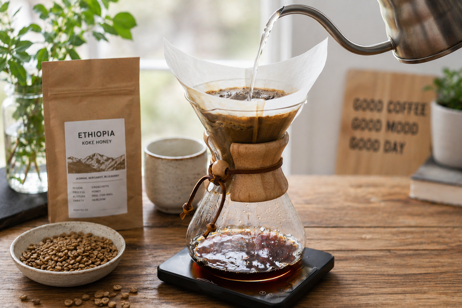 Jasno palona kawa przygotowywana metodą pour over w chemexie