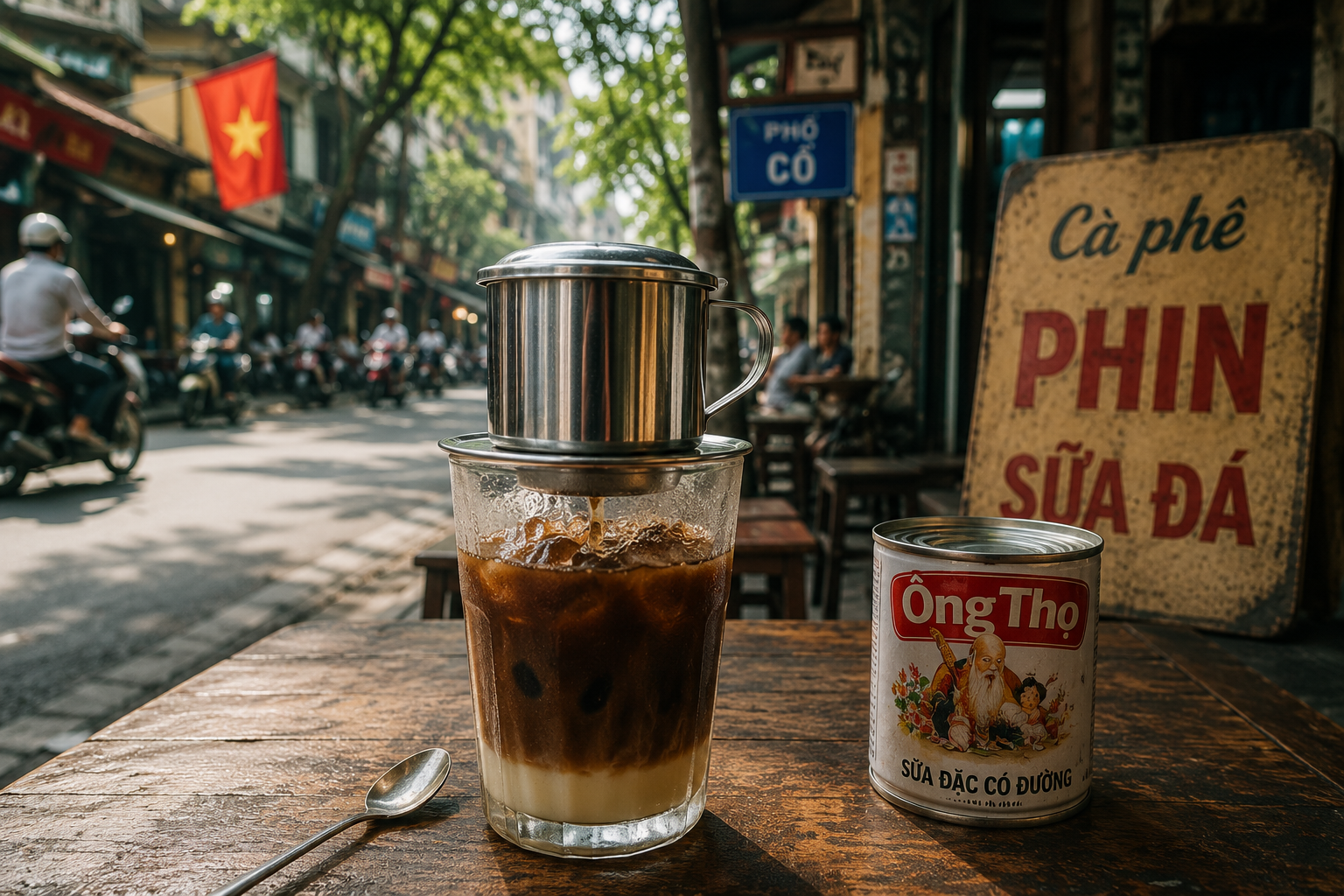 Wietnamska kawa ca phe sua da parzona przez filtr phin z mlekiem skondensowanym
